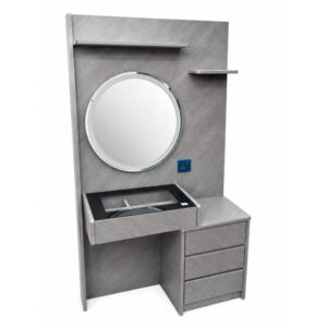 Dressing table features a sleek round LED backlit mirror, a glass-top