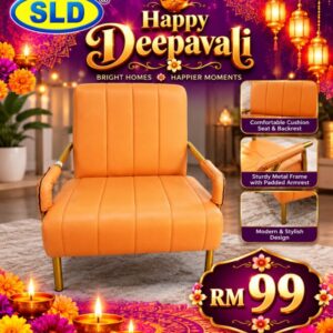 SOFA SEATER ORANGE / ACCENT CHAIR WITH GOLD METEL : DIMENSION : L (75) X W (70) X H (90)