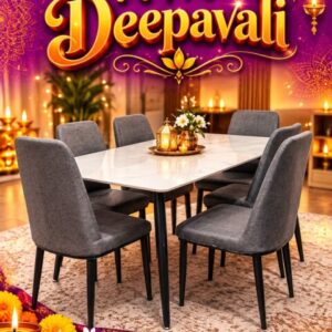 6 Seater Ceramic Dining Table Set with Grey Fabric Chairs