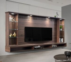 ST-TV0009 Modern Walnut TV Wall Cabinet 240cm with Glass Display (PREORDER)