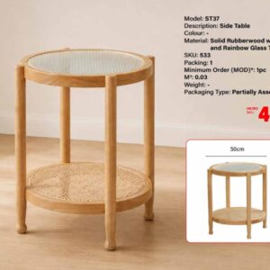 ST37 Round Rubberwood Rattan Side Table with Glass Top 50cm (PREORDER)