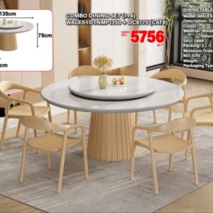 WALES 6-Seater Round Natural Marble Dining Set 1+6 (PREORDER)